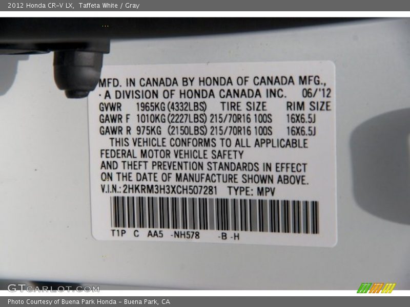 Taffeta White / Gray 2012 Honda CR-V LX