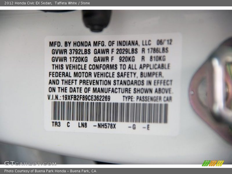 Taffeta White / Stone 2012 Honda Civic EX Sedan