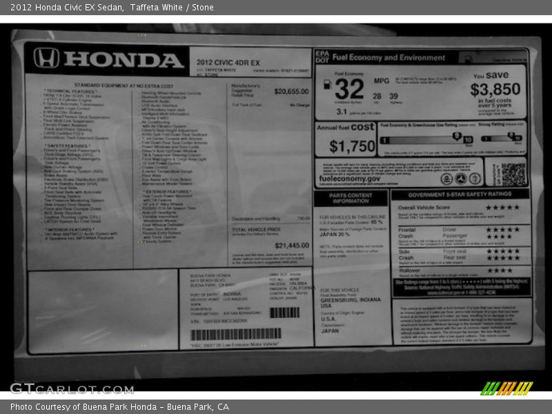 Taffeta White / Stone 2012 Honda Civic EX Sedan