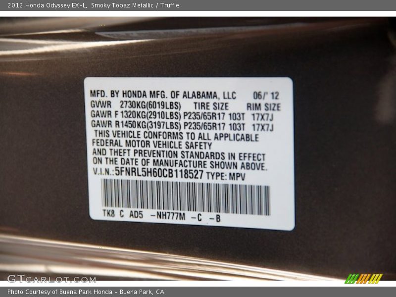 Smoky Topaz Metallic / Truffle 2012 Honda Odyssey EX-L