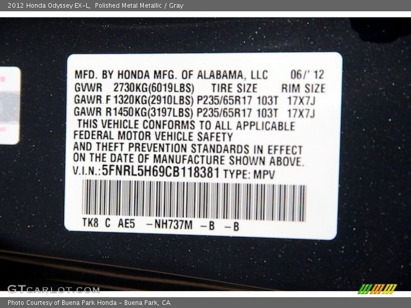 Polished Metal Metallic / Gray 2012 Honda Odyssey EX-L