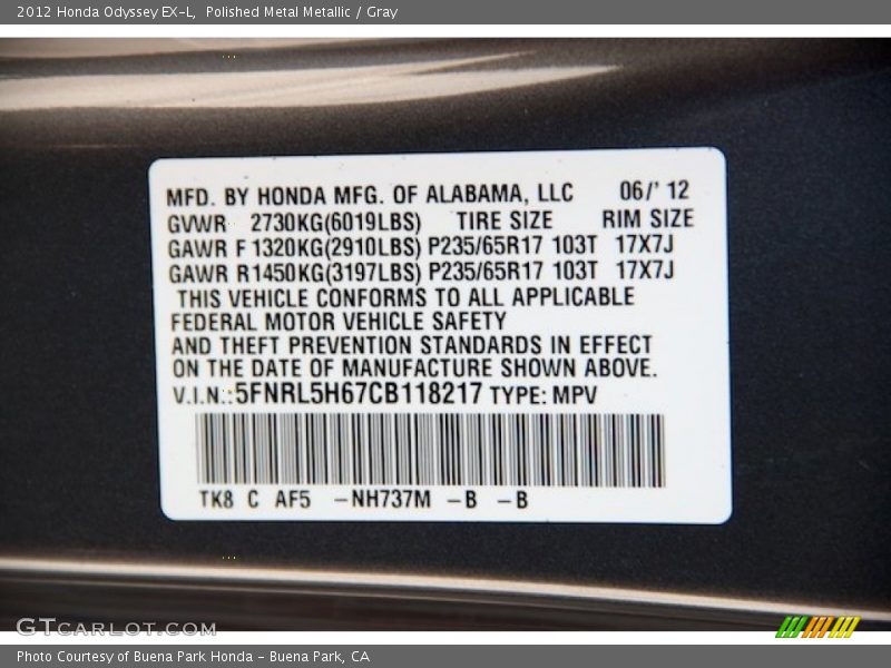 Polished Metal Metallic / Gray 2012 Honda Odyssey EX-L