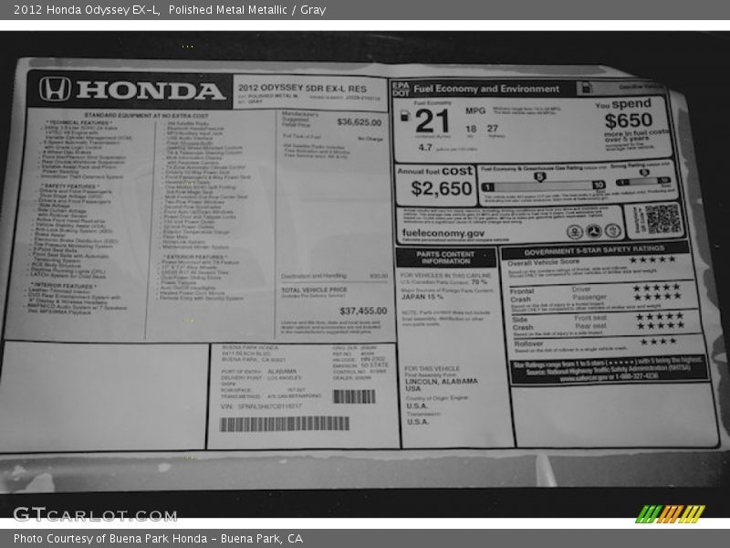 Polished Metal Metallic / Gray 2012 Honda Odyssey EX-L