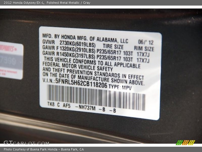 Polished Metal Metallic / Gray 2012 Honda Odyssey EX-L