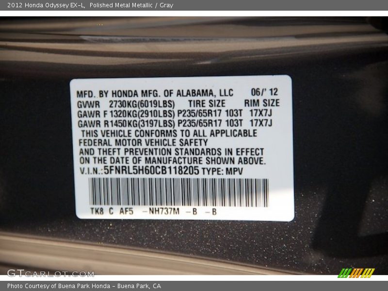Polished Metal Metallic / Gray 2012 Honda Odyssey EX-L