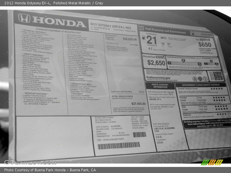 Polished Metal Metallic / Gray 2012 Honda Odyssey EX-L