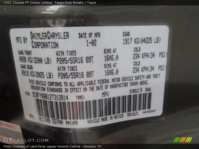 2002 PT Cruiser Limited Taupe Frost Metallic Color Code PTK