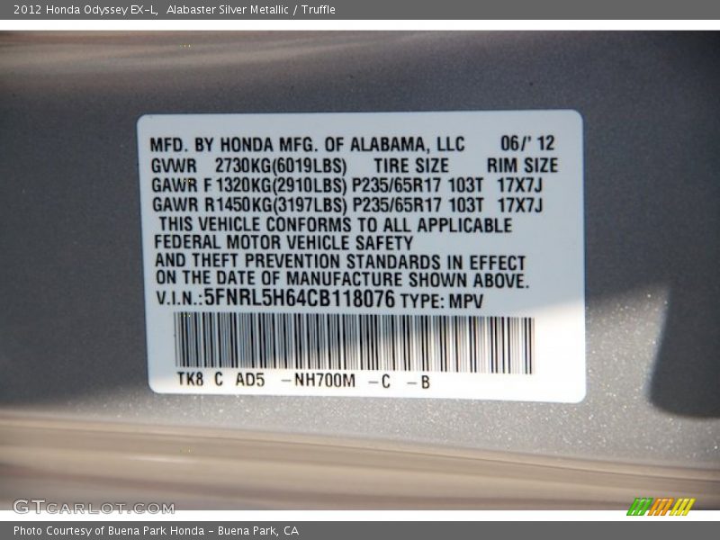 Alabaster Silver Metallic / Truffle 2012 Honda Odyssey EX-L