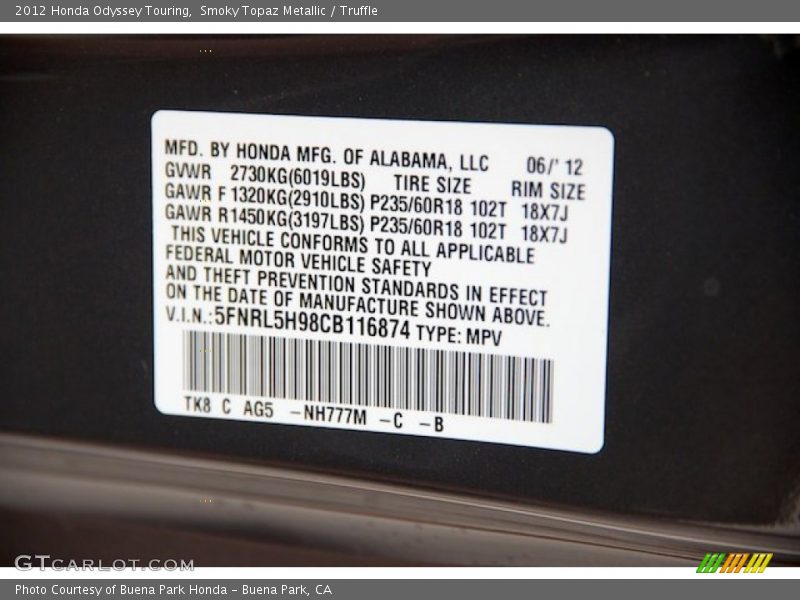 Smoky Topaz Metallic / Truffle 2012 Honda Odyssey Touring