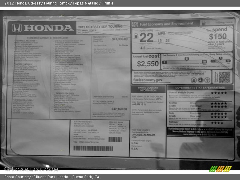  2012 Odyssey Touring Window Sticker