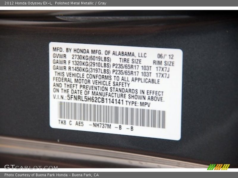 Polished Metal Metallic / Gray 2012 Honda Odyssey EX-L