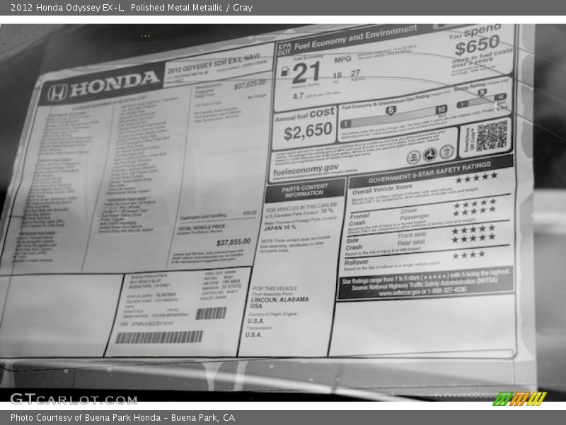 Polished Metal Metallic / Gray 2012 Honda Odyssey EX-L