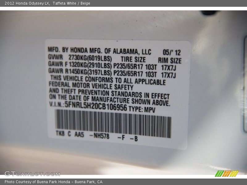 Taffeta White / Beige 2012 Honda Odyssey LX