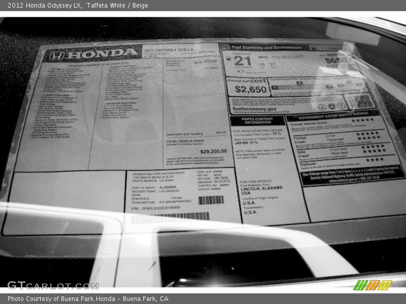 Taffeta White / Beige 2012 Honda Odyssey LX