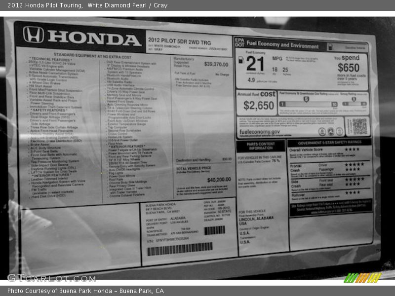 White Diamond Pearl / Gray 2012 Honda Pilot Touring