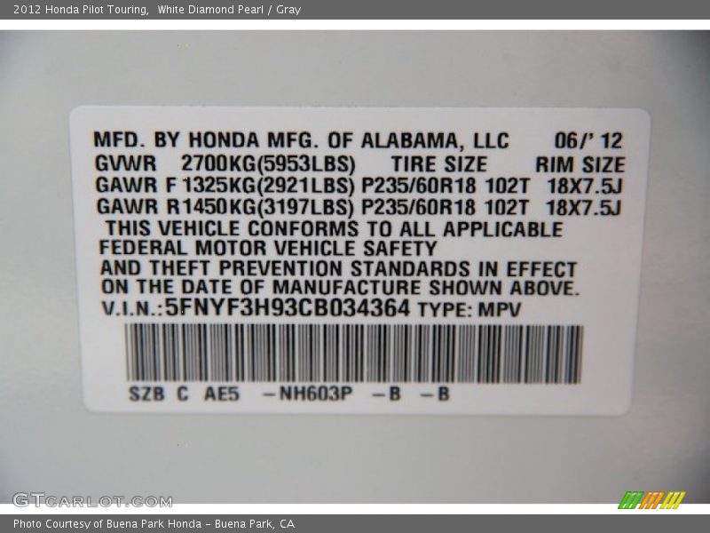 2012 Pilot Touring White Diamond Pearl Color Code NH603P