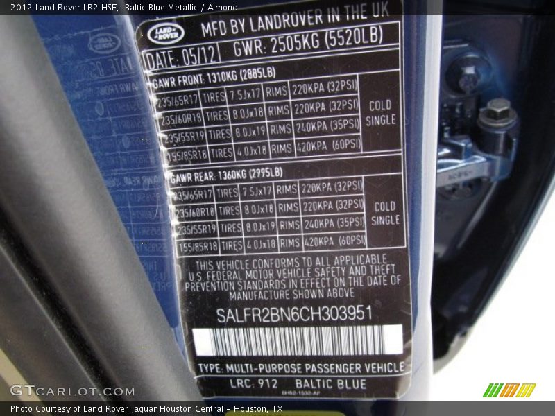 2012 LR2 HSE Baltic Blue Metallic Color Code 912