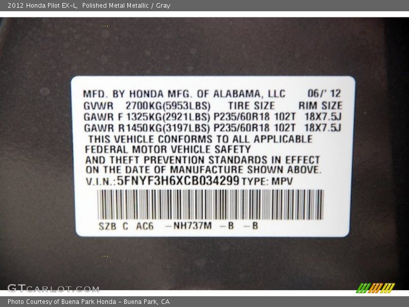 Polished Metal Metallic / Gray 2012 Honda Pilot EX-L
