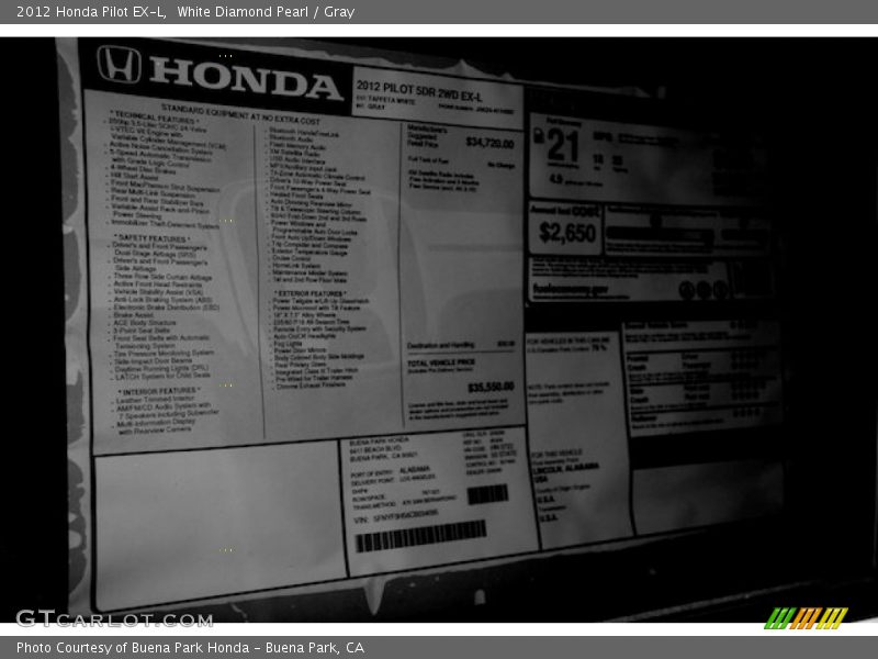 White Diamond Pearl / Gray 2012 Honda Pilot EX-L