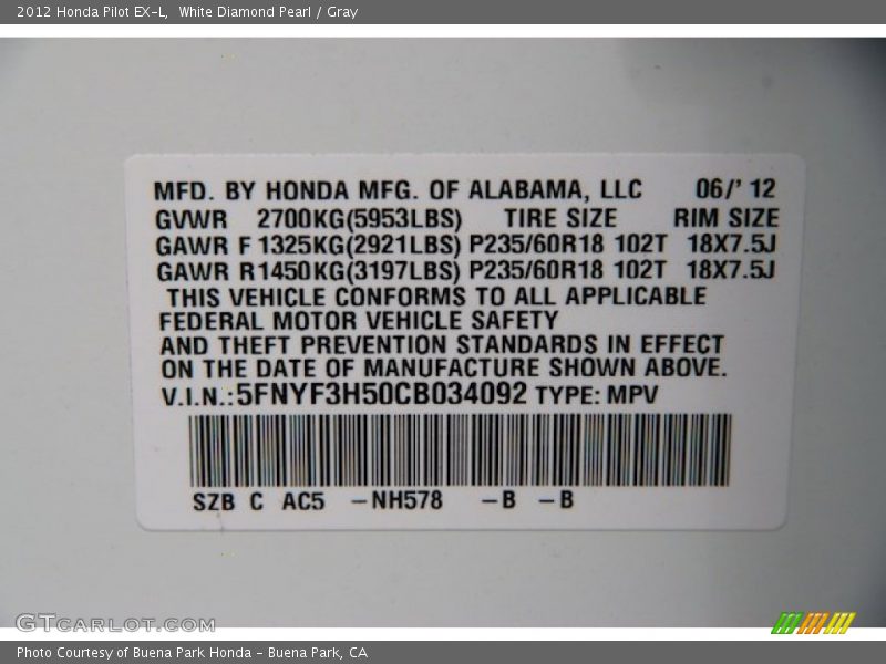 White Diamond Pearl / Gray 2012 Honda Pilot EX-L