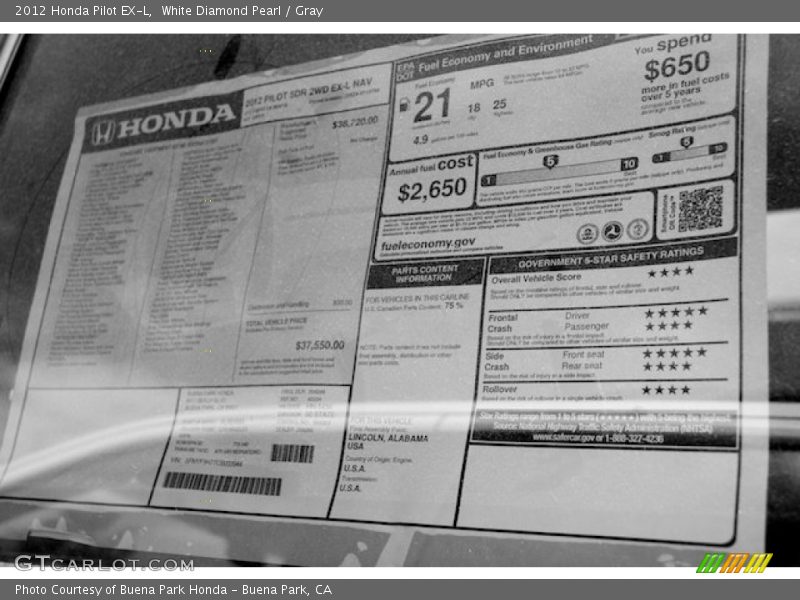 White Diamond Pearl / Gray 2012 Honda Pilot EX-L