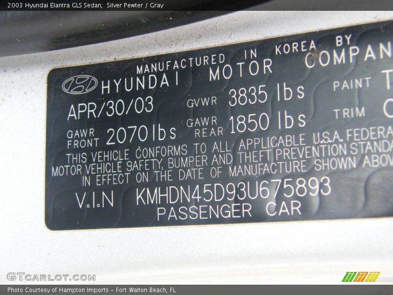 Silver Pewter / Gray 2003 Hyundai Elantra GLS Sedan