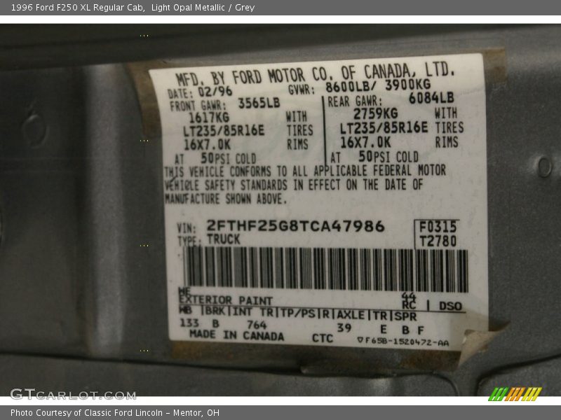 1996 F250 XL Regular Cab Light Opal Metallic Color Code WE