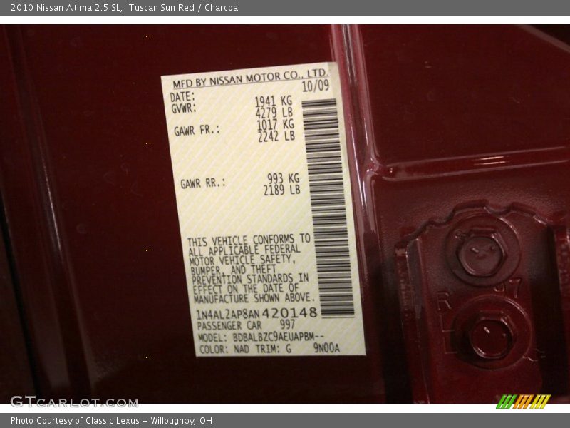 2010 Altima 2.5 SL Tuscan Sun Red Color Code NAD