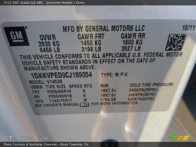 Quicksilver Metallic / Ebony 2012 GMC Acadia SLE AWD