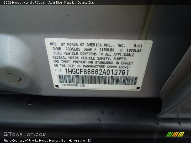 Satin Silver Metallic / Quartz Gray 2002 Honda Accord VP Sedan