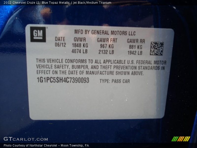 Blue Topaz Metallic / Jet Black/Medium Titanium 2012 Chevrolet Cruze LS