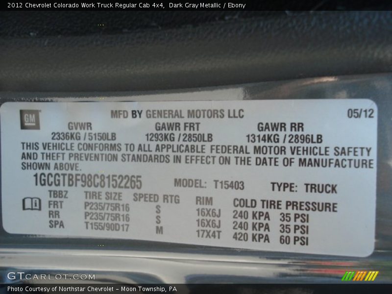 Dark Gray Metallic / Ebony 2012 Chevrolet Colorado Work Truck Regular Cab 4x4