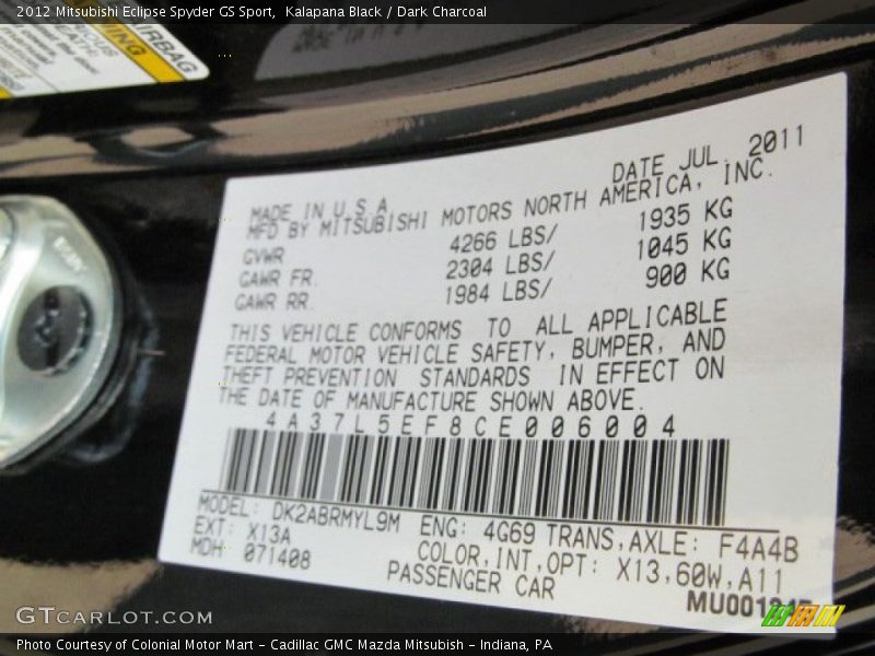 2012 Eclipse Spyder GS Sport Kalapana Black Color Code X13