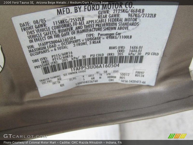 Arizona Beige Metallic / Medium/Dark Pebble Beige 2006 Ford Taurus SE
