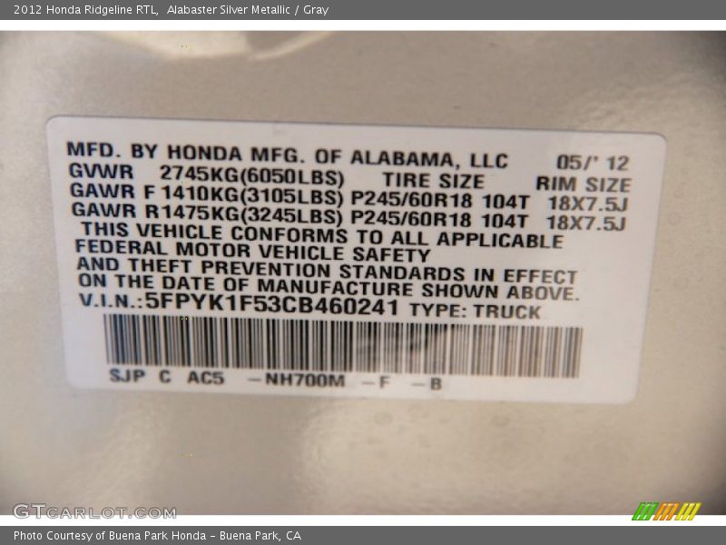 Alabaster Silver Metallic / Gray 2012 Honda Ridgeline RTL