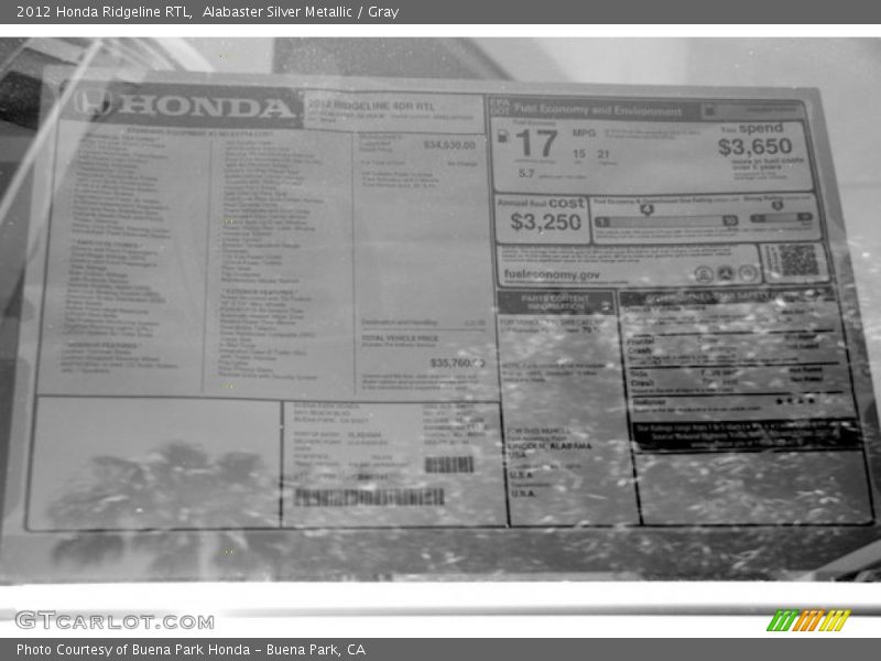 Alabaster Silver Metallic / Gray 2012 Honda Ridgeline RTL