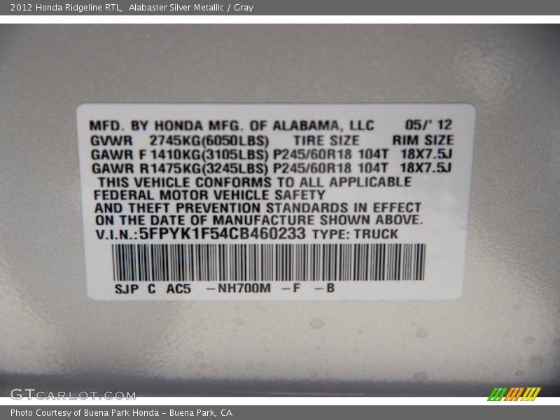 Alabaster Silver Metallic / Gray 2012 Honda Ridgeline RTL