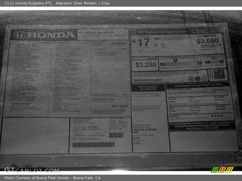 Alabaster Silver Metallic / Gray 2012 Honda Ridgeline RTL