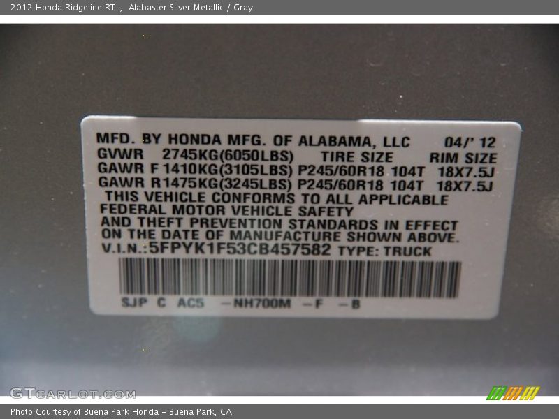Alabaster Silver Metallic / Gray 2012 Honda Ridgeline RTL