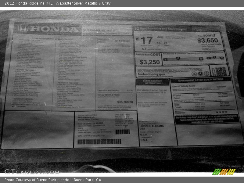 Alabaster Silver Metallic / Gray 2012 Honda Ridgeline RTL