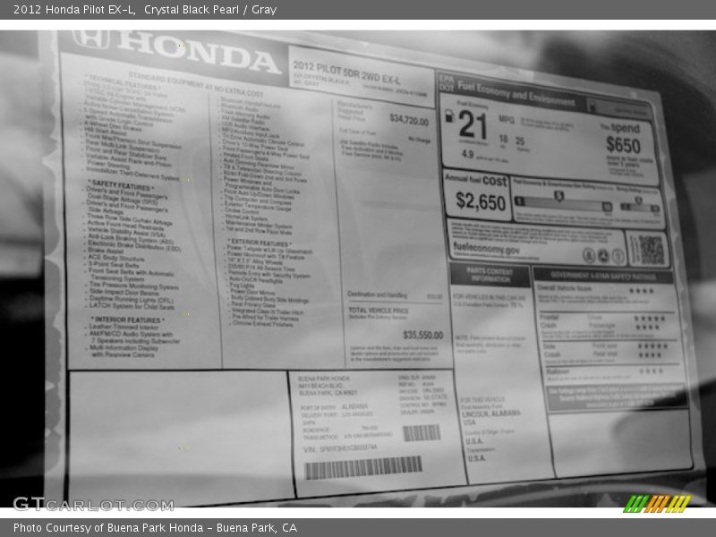 Crystal Black Pearl / Gray 2012 Honda Pilot EX-L