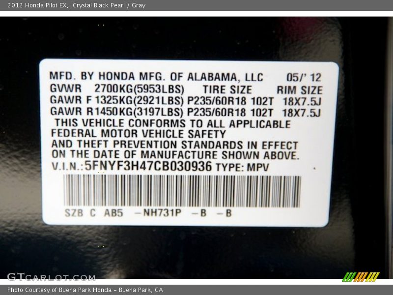 Crystal Black Pearl / Gray 2012 Honda Pilot EX