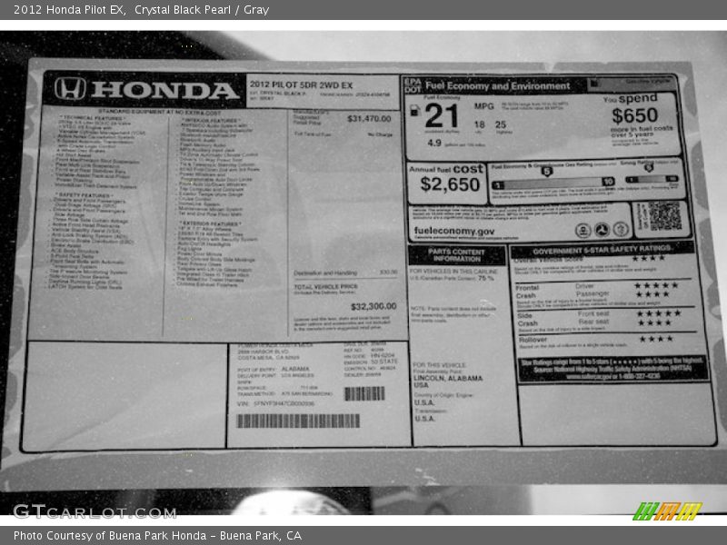 Crystal Black Pearl / Gray 2012 Honda Pilot EX