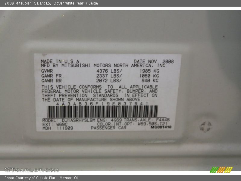 Dover White Pearl / Beige 2009 Mitsubishi Galant ES