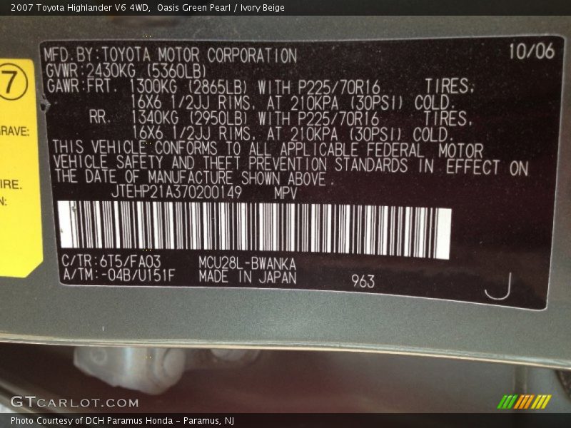 Oasis Green Pearl / Ivory Beige 2007 Toyota Highlander V6 4WD