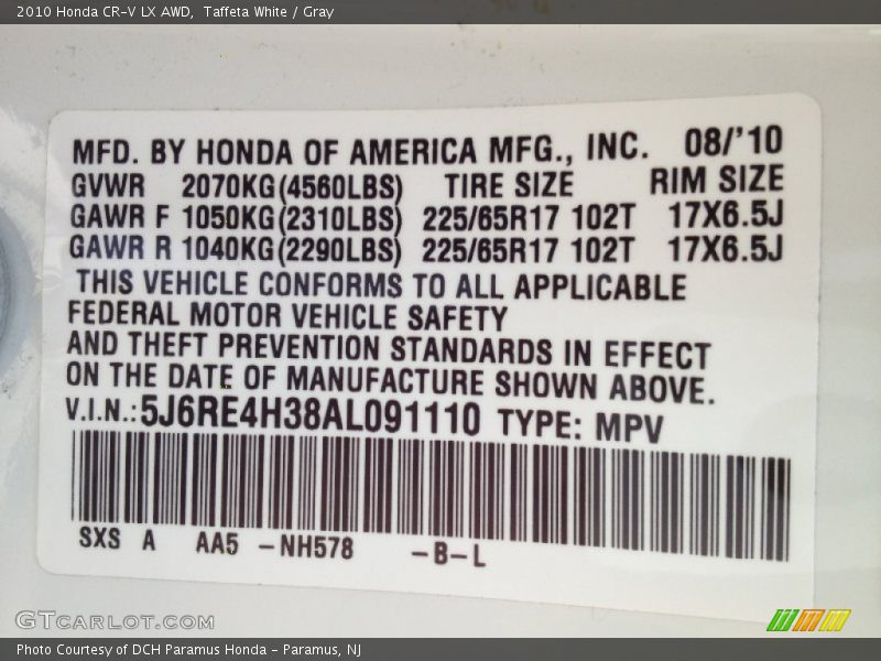 Taffeta White / Gray 2010 Honda CR-V LX AWD