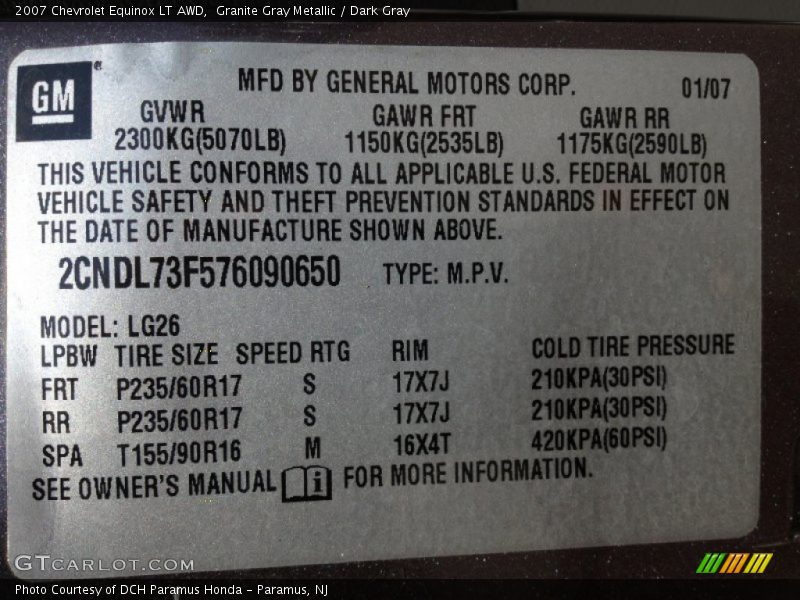 Granite Gray Metallic / Dark Gray 2007 Chevrolet Equinox LT AWD