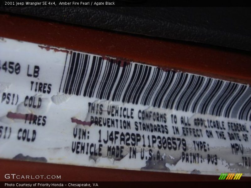 Amber Fire Pearl / Agate Black 2001 Jeep Wrangler SE 4x4