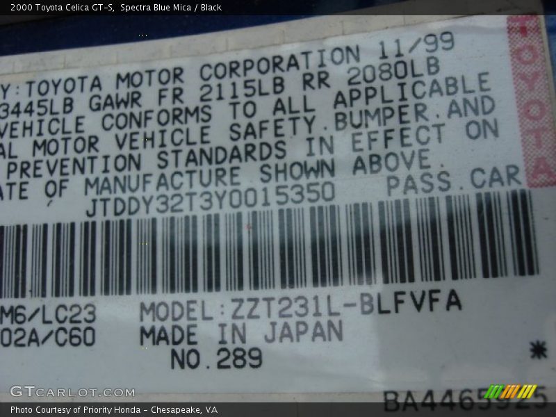 Spectra Blue Mica / Black 2000 Toyota Celica GT-S