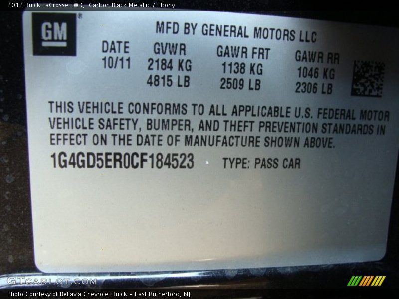 Carbon Black Metallic / Ebony 2012 Buick LaCrosse FWD